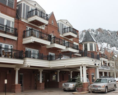 hyattoutside Red-brick exterior and pretty wrought-iron balcony raillings at the Hyatt Grand Aspen.