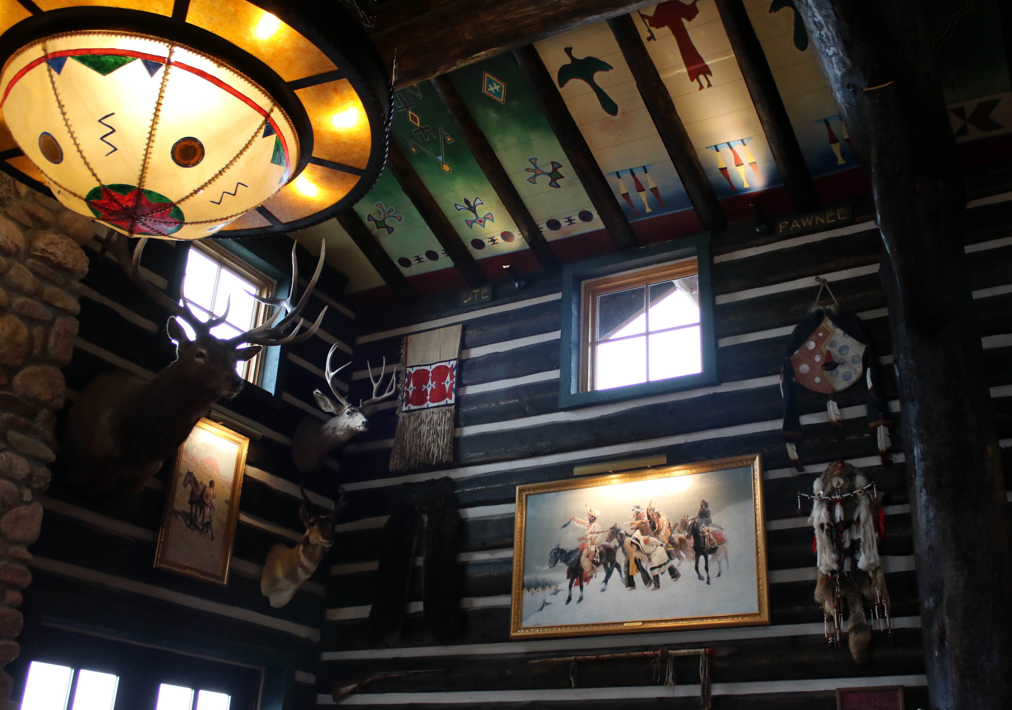 The main lodge is decorated with Native American art and artifacts.
